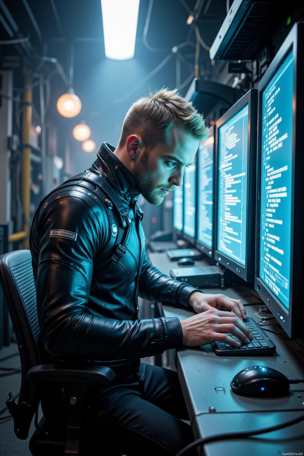 A man in a leather jacket works intently at a computer in a dimly lit, industrial setting.