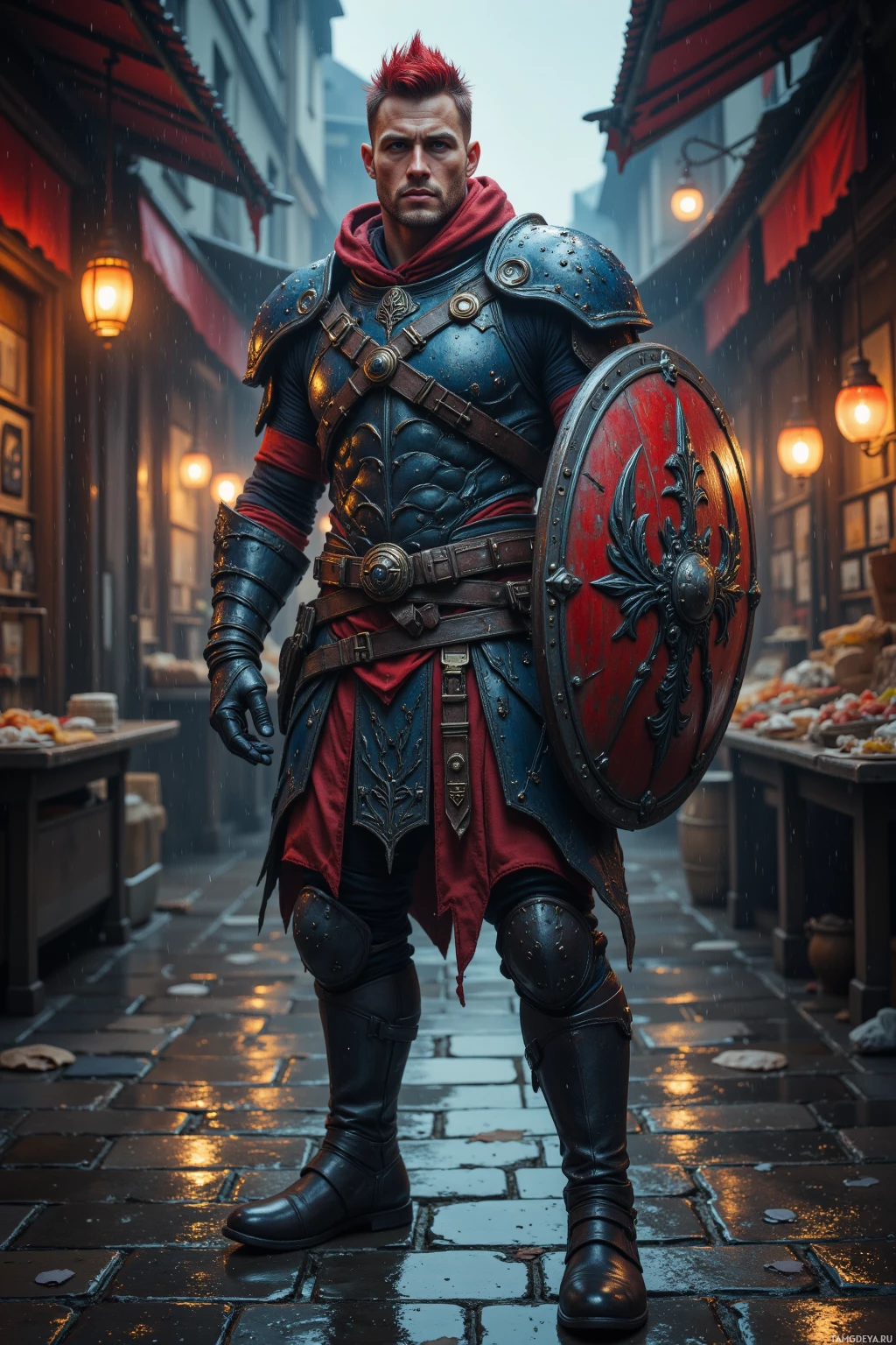 A warrior in detailed armor stands in a rain-soaked alleyway.