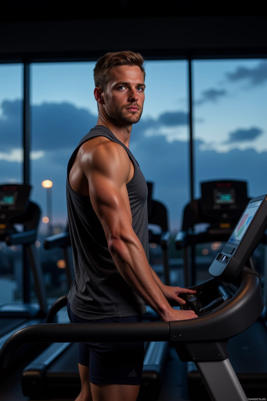 A muscular man in a gym, standing on a treadmill.