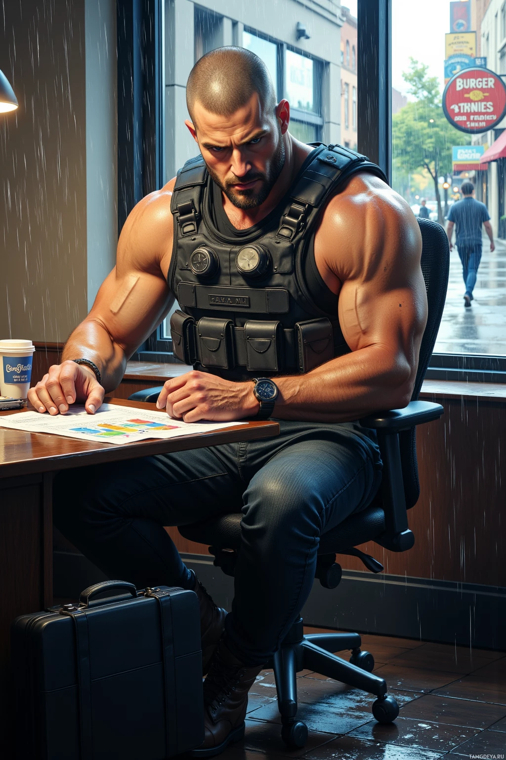 A muscular man in tactical gear sits at a desk in a rainy urban setting.