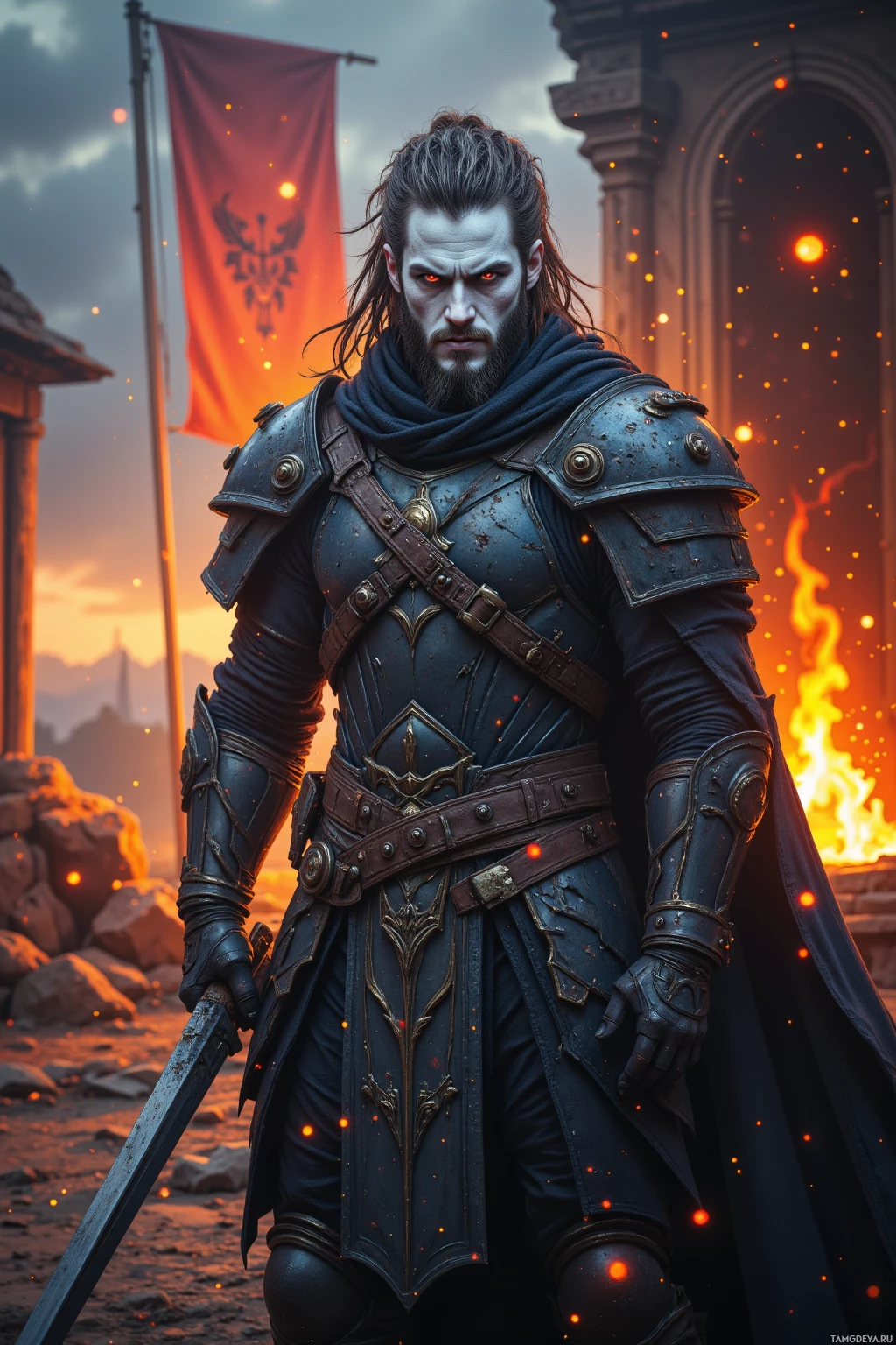A warrior in dark armor stands in front of a fiery backdrop, holding a sword.