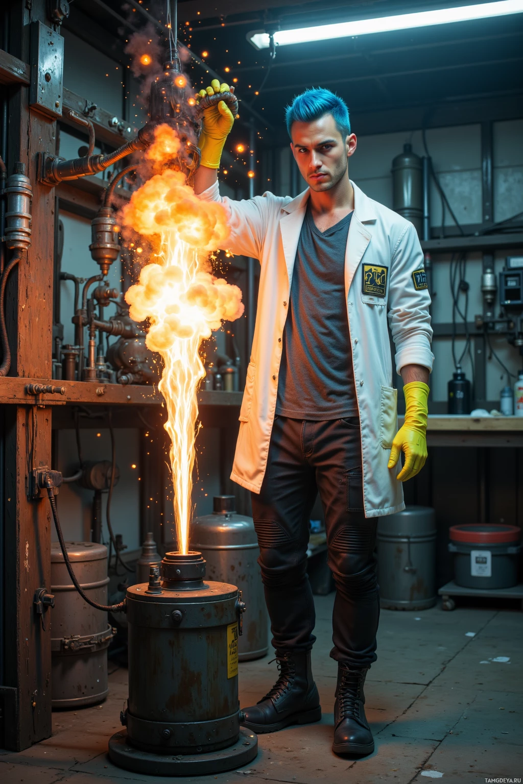A person in a lab coat and gloves stands beside a device emitting sparks and flames in a workshop setting.