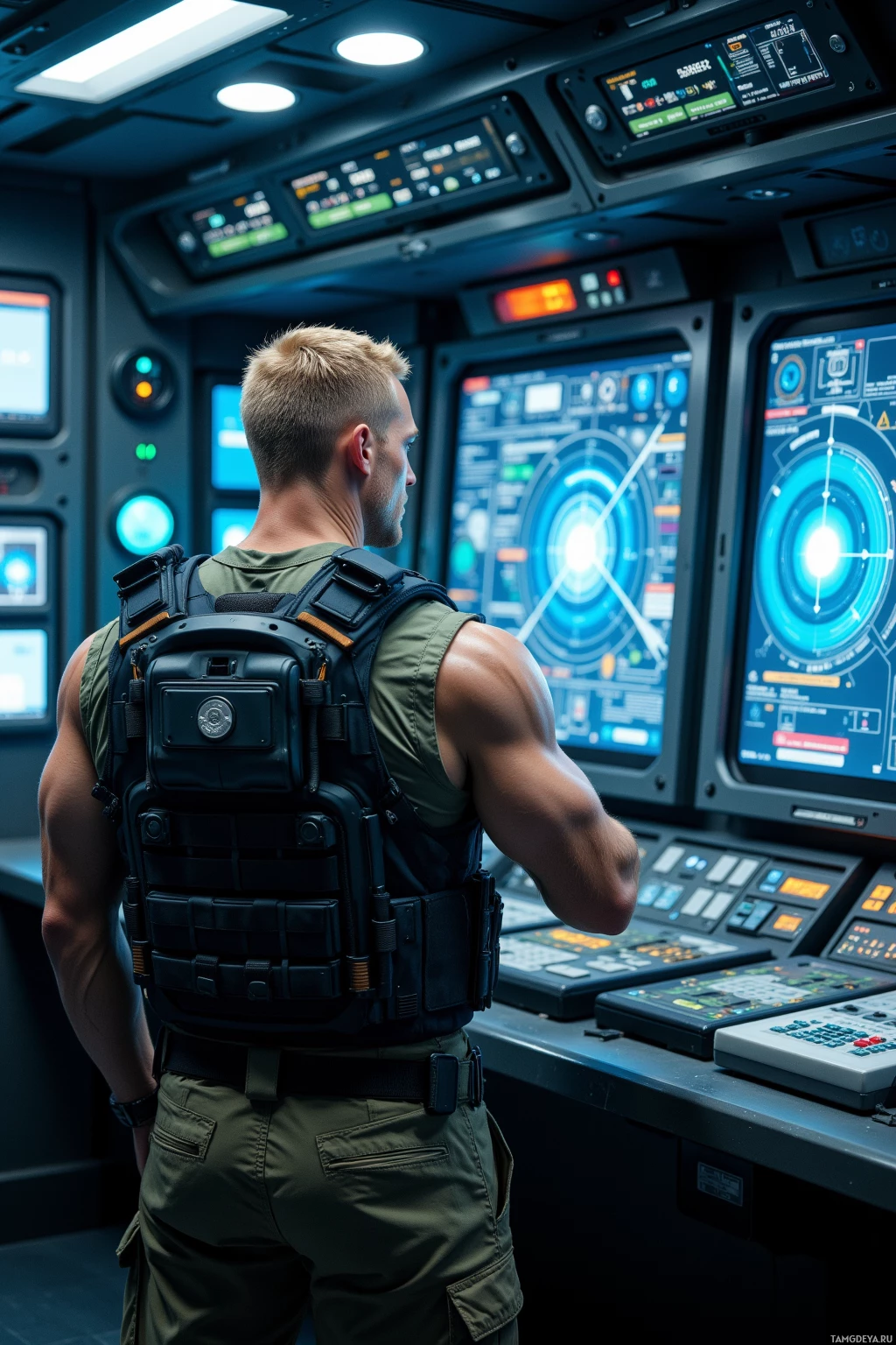 A muscular individual in a tactical vest stands in a high-tech control room, facing multiple illuminated screens.