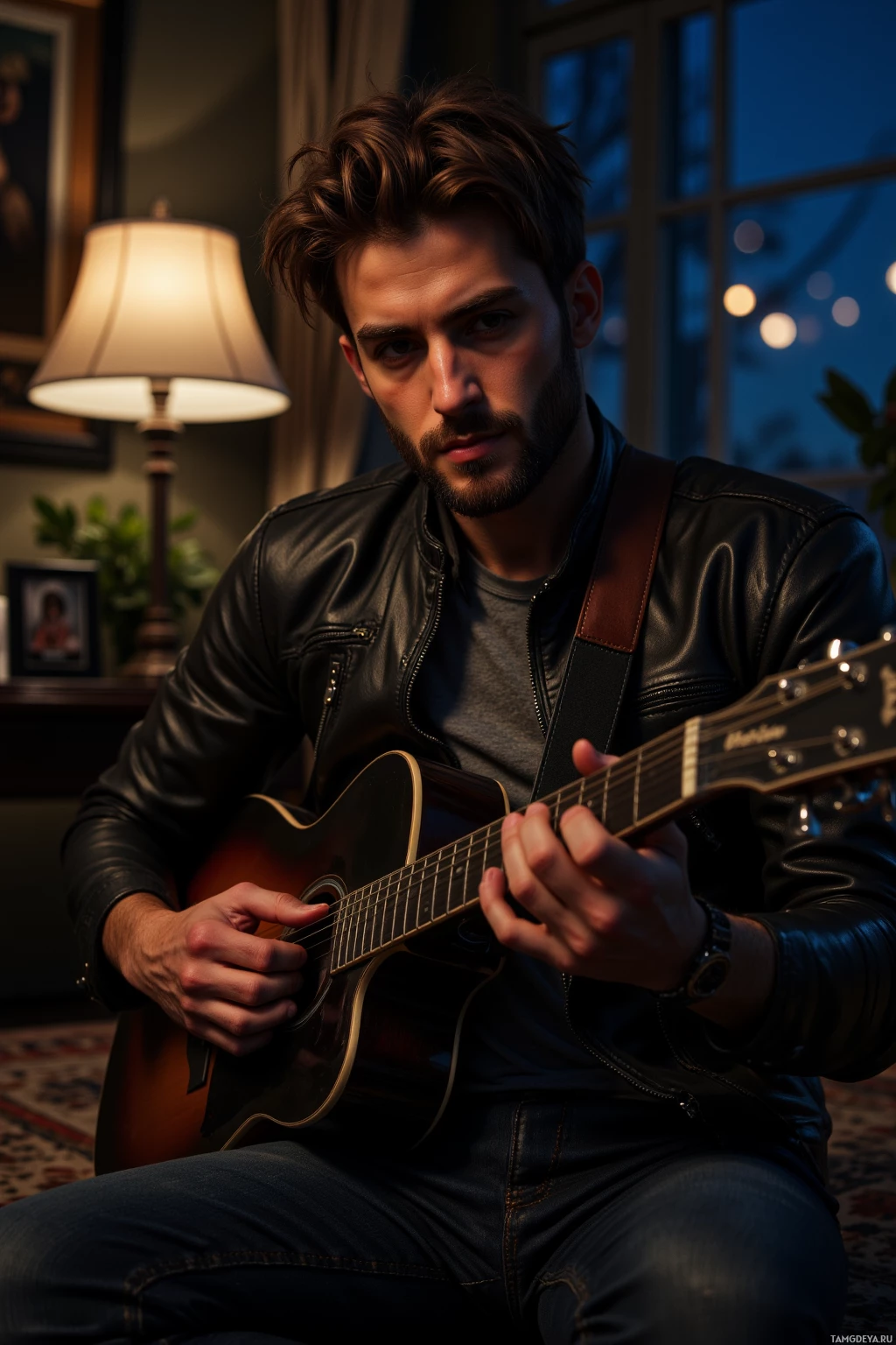 A man in a leather jacket plays an acoustic guitar in a dimly lit room.