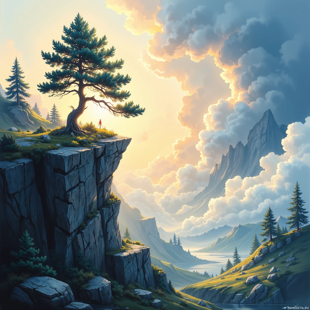 A serene landscape featuring a lone tree on a cliff overlooking a vast mountain range and a tranquil body of water under a dramatic sky.