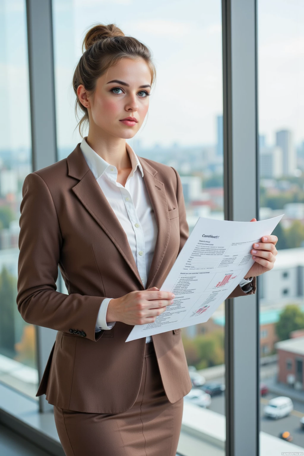 A professional woman in a brown suit stands by a window, holding a document.