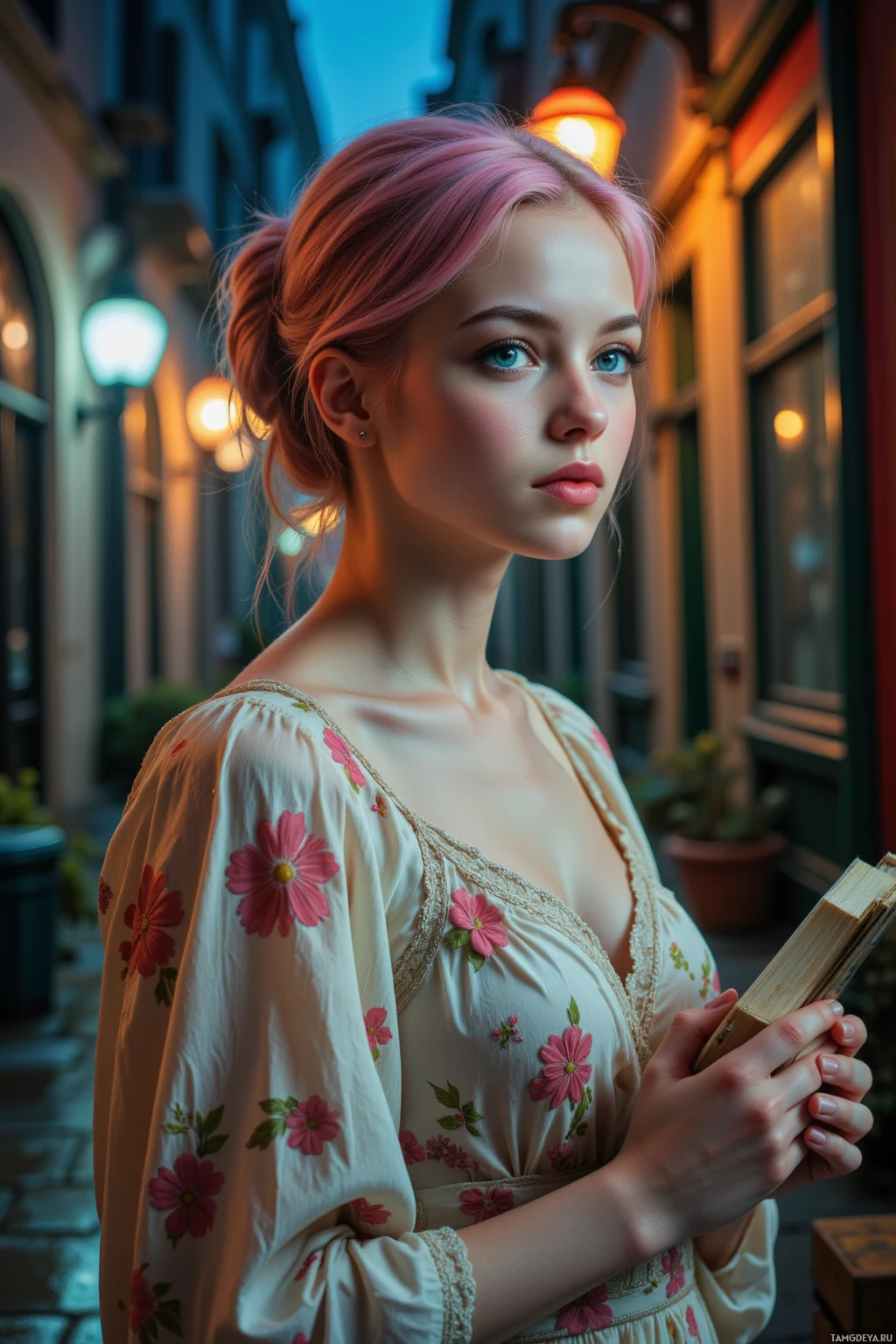 A woman with pink hair in a floral dress holds a book, standing in a dimly lit alleyway.