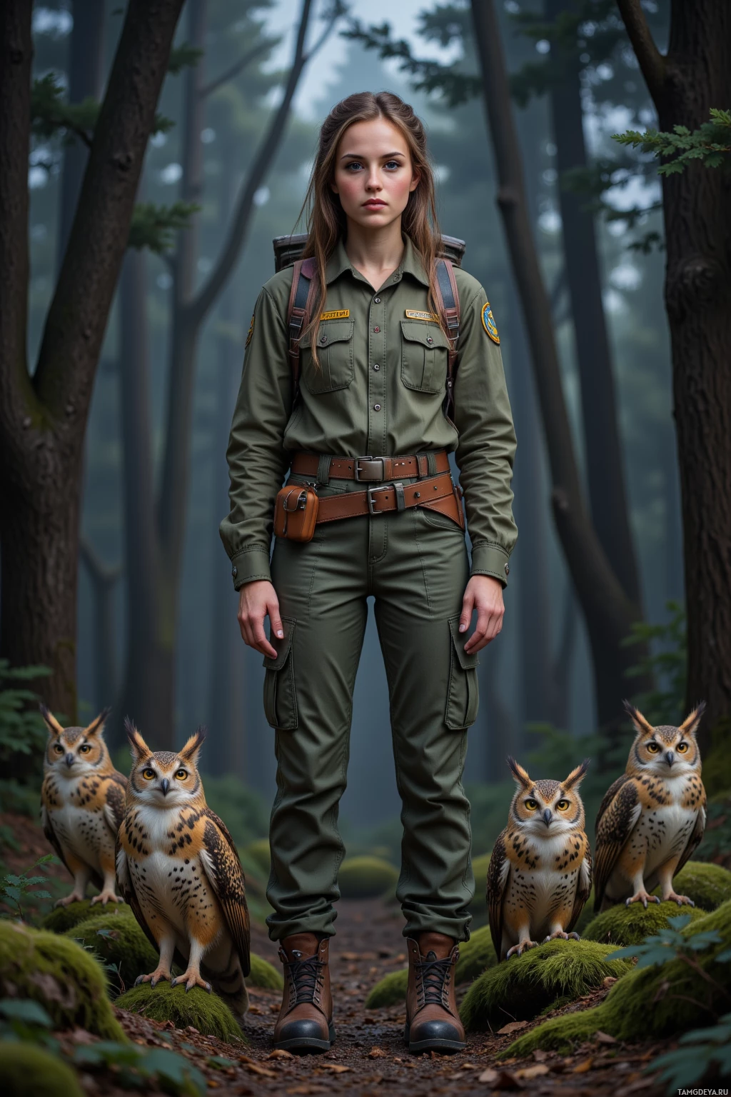 A person in a forest setting wearing a uniform with owls standing nearby.