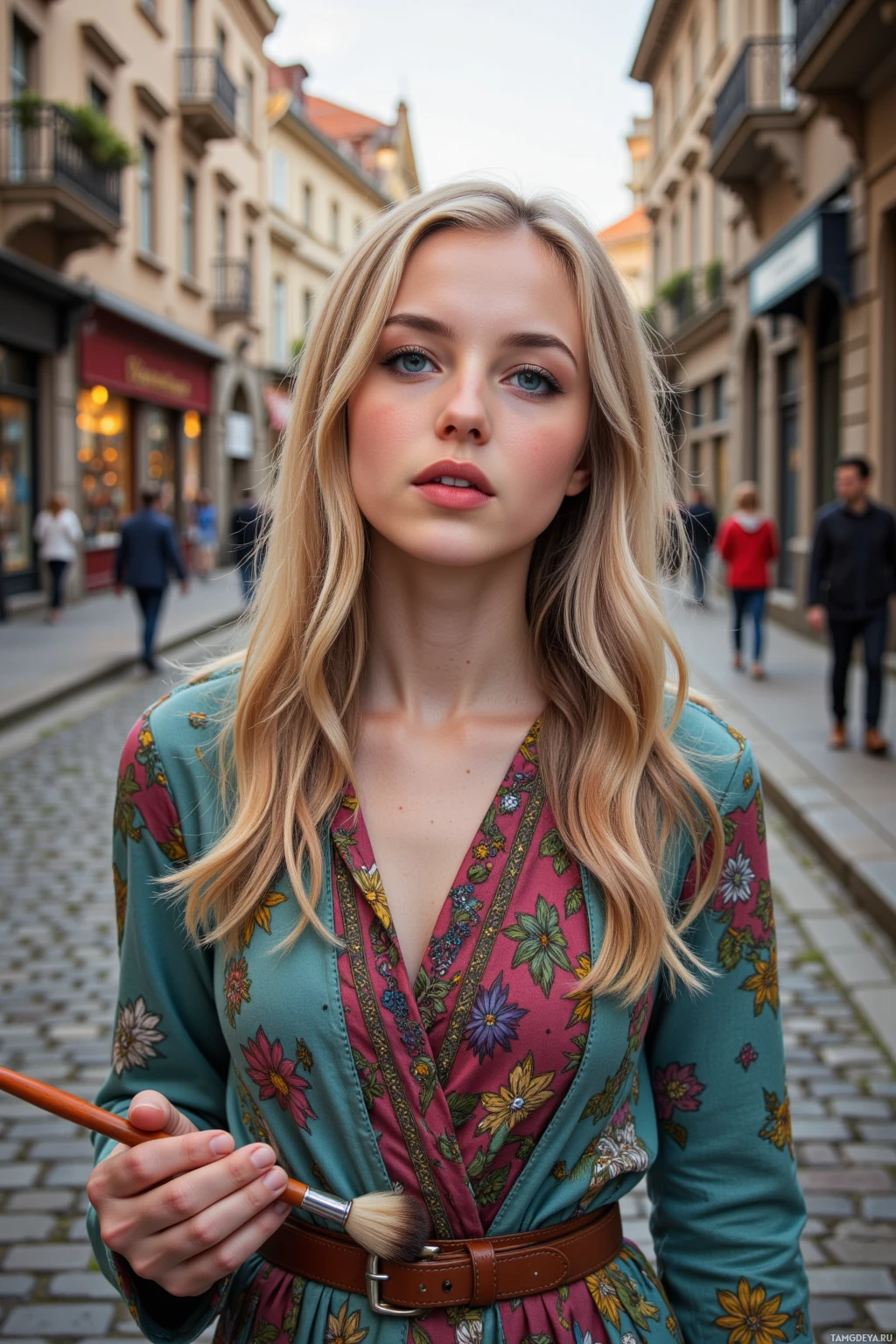 A woman with long blonde hair stands on a cobblestone street, holding a brush.
