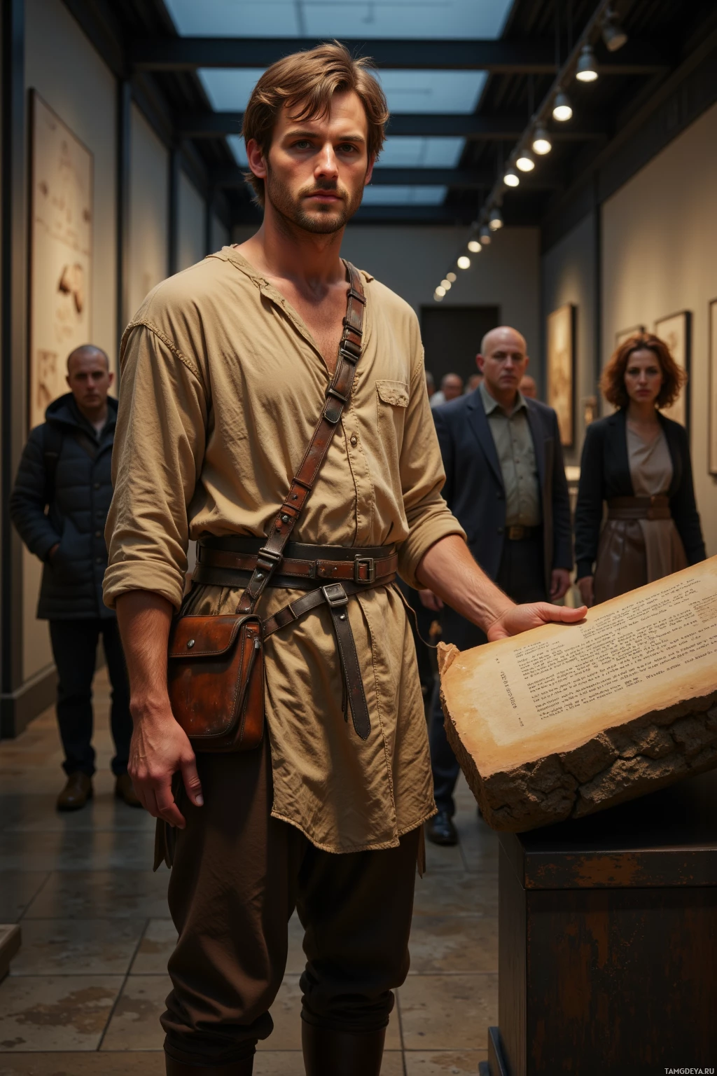 A man in historical attire stands in a museum exhibit, holding a large, aged document.