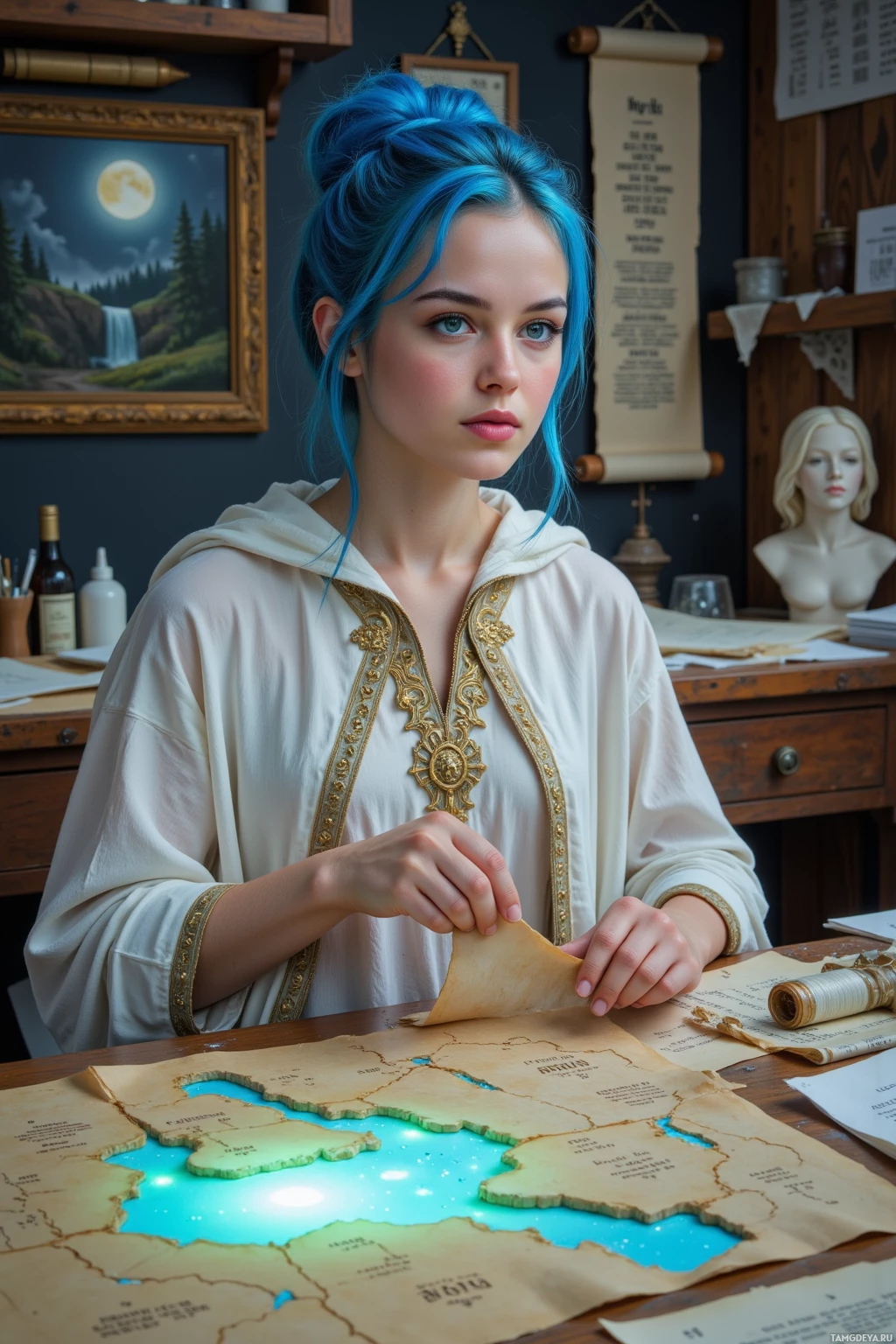 A person with blue hair sits at a desk, examining a glowing map.