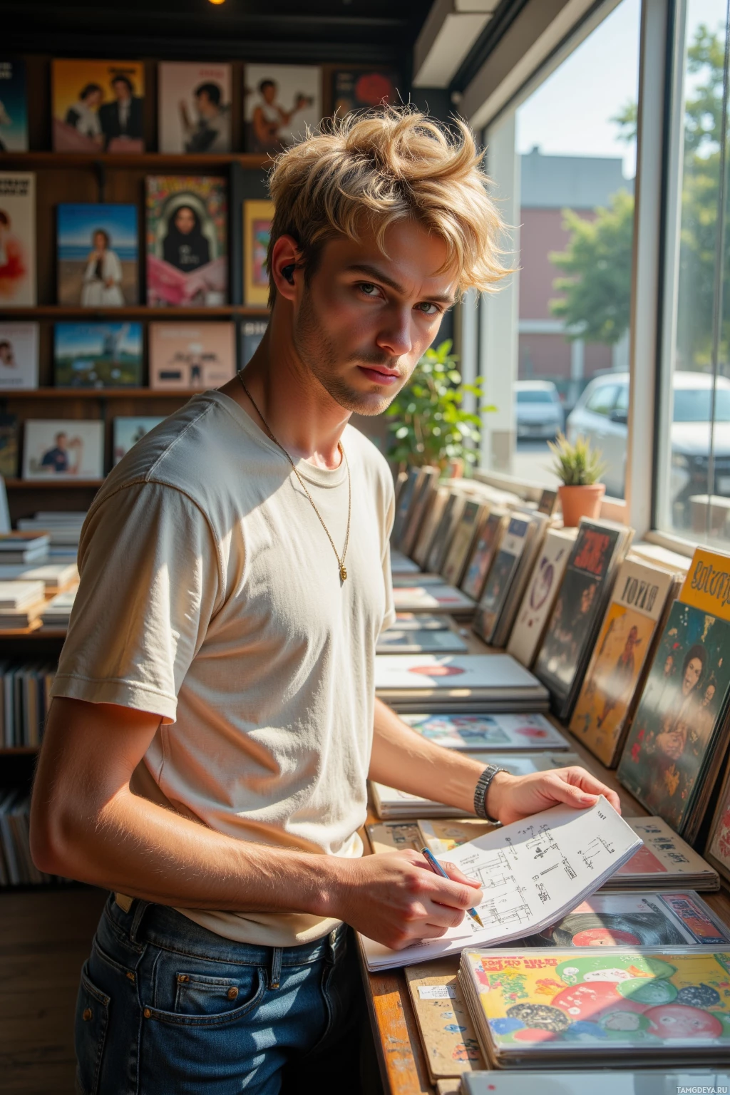 A person stands in a record store, holding a notebook and pen, surrounded by vinyl records.