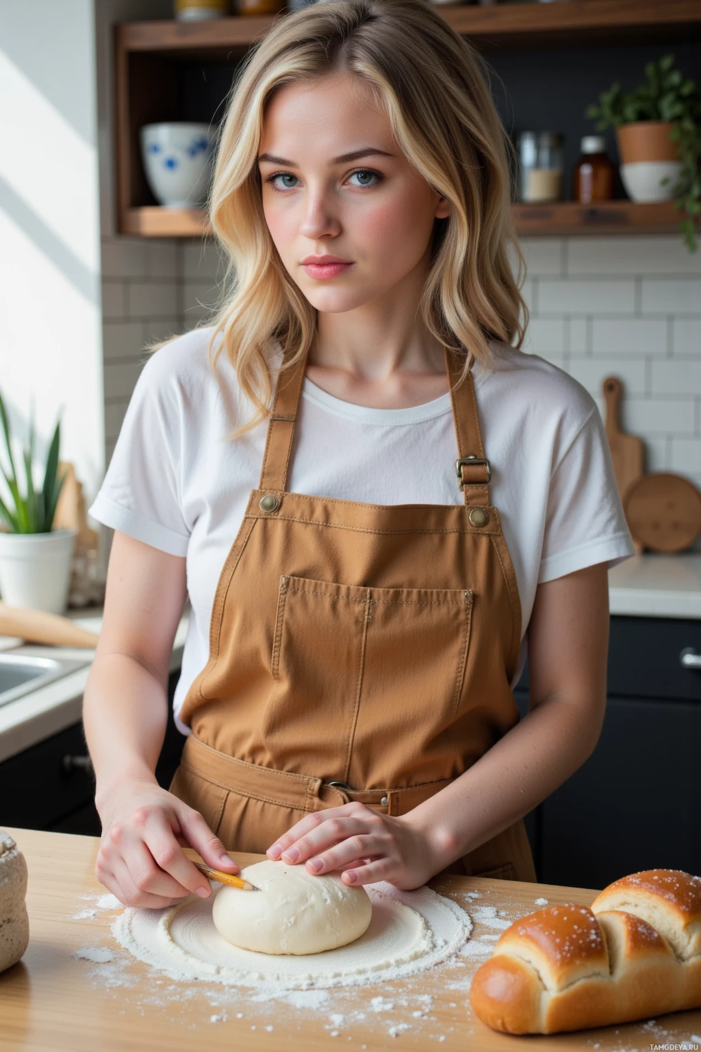 A person wearing an apron is kneading dough on a floured surface in a kitchen.
