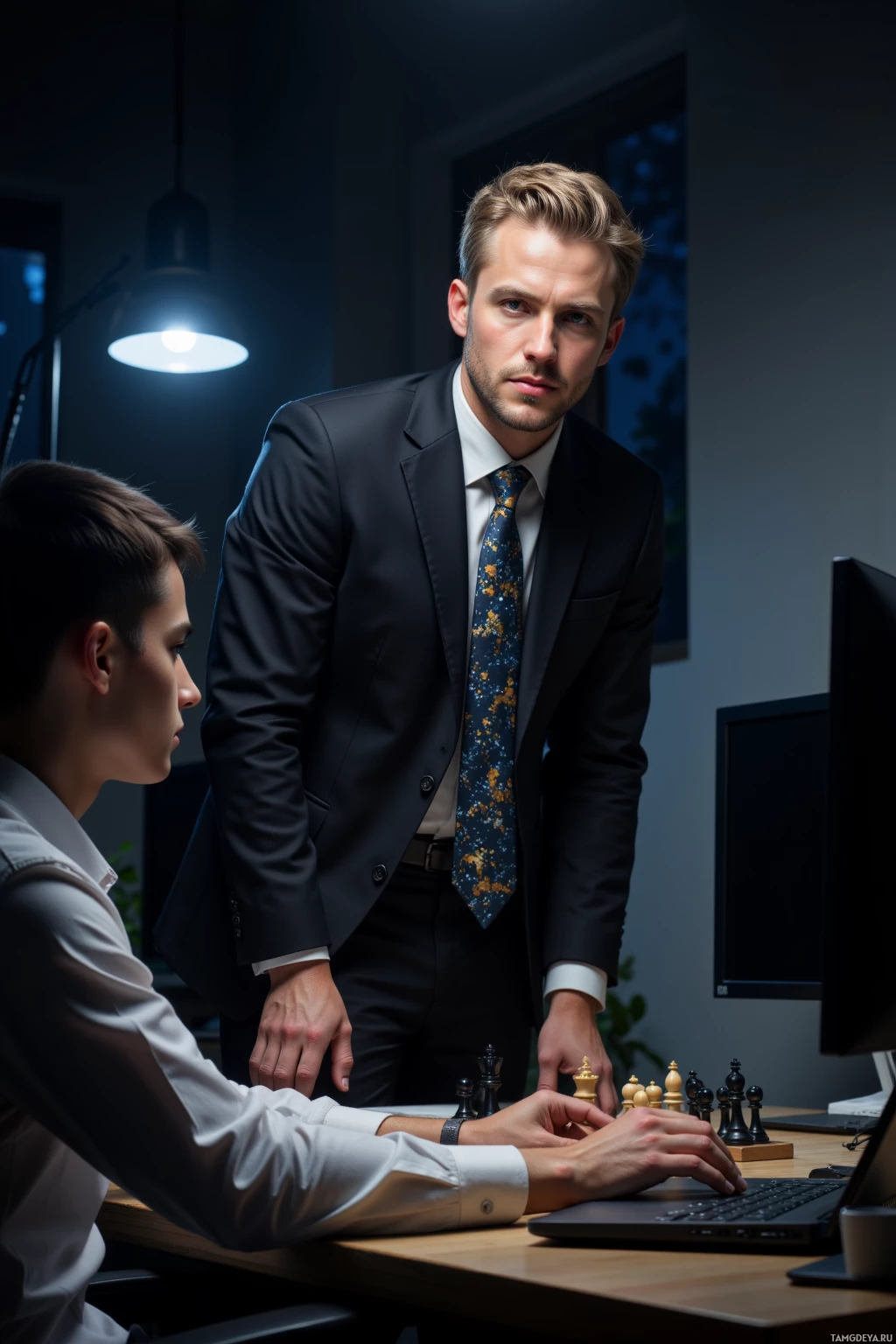 Two individuals in a professional setting, one leaning over a desk with a chessboard, the other seated and working on a laptop.