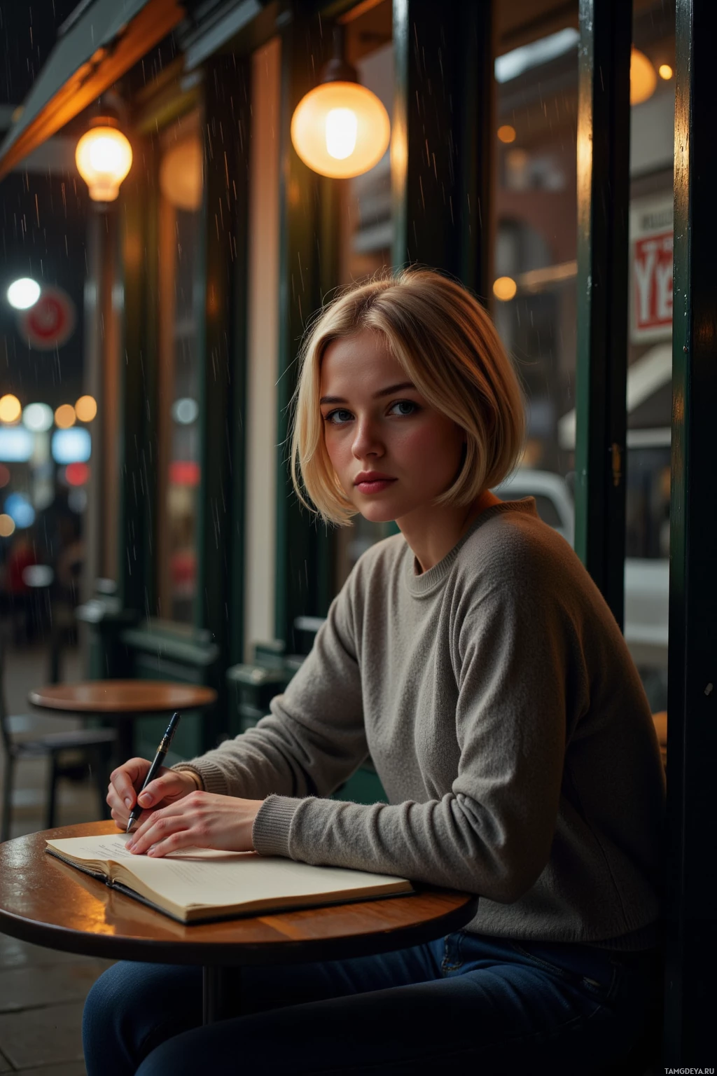 A woman sits at a cafe table, writing in a notebook under rain.
