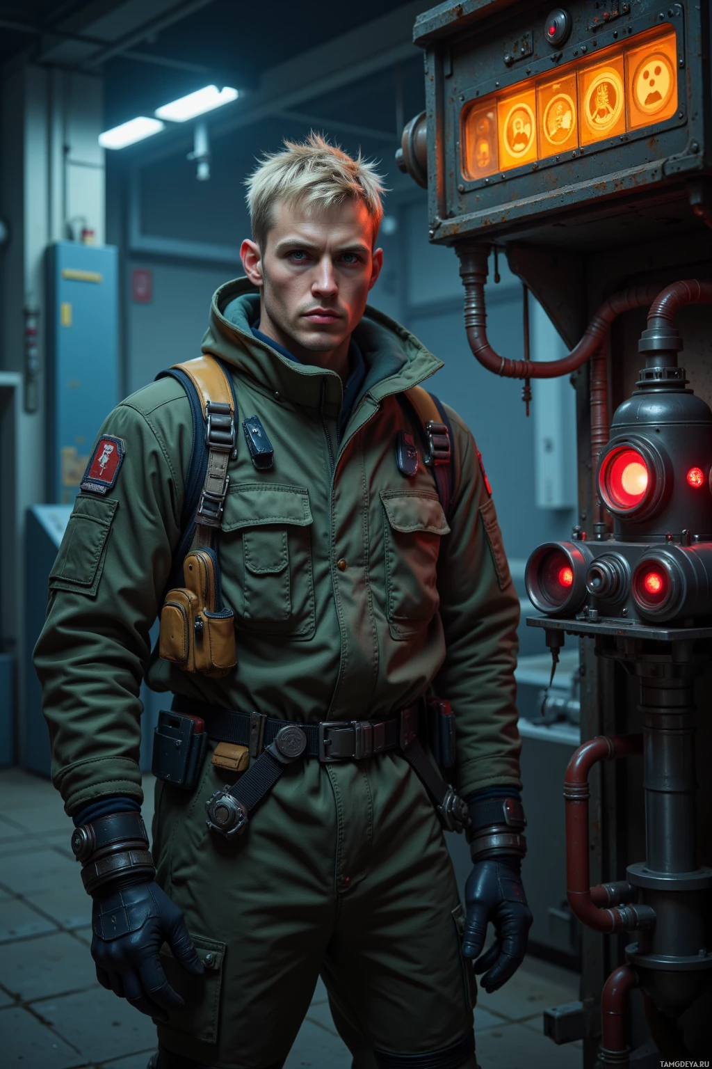A person in a futuristic military-style uniform stands in a dimly lit industrial setting.