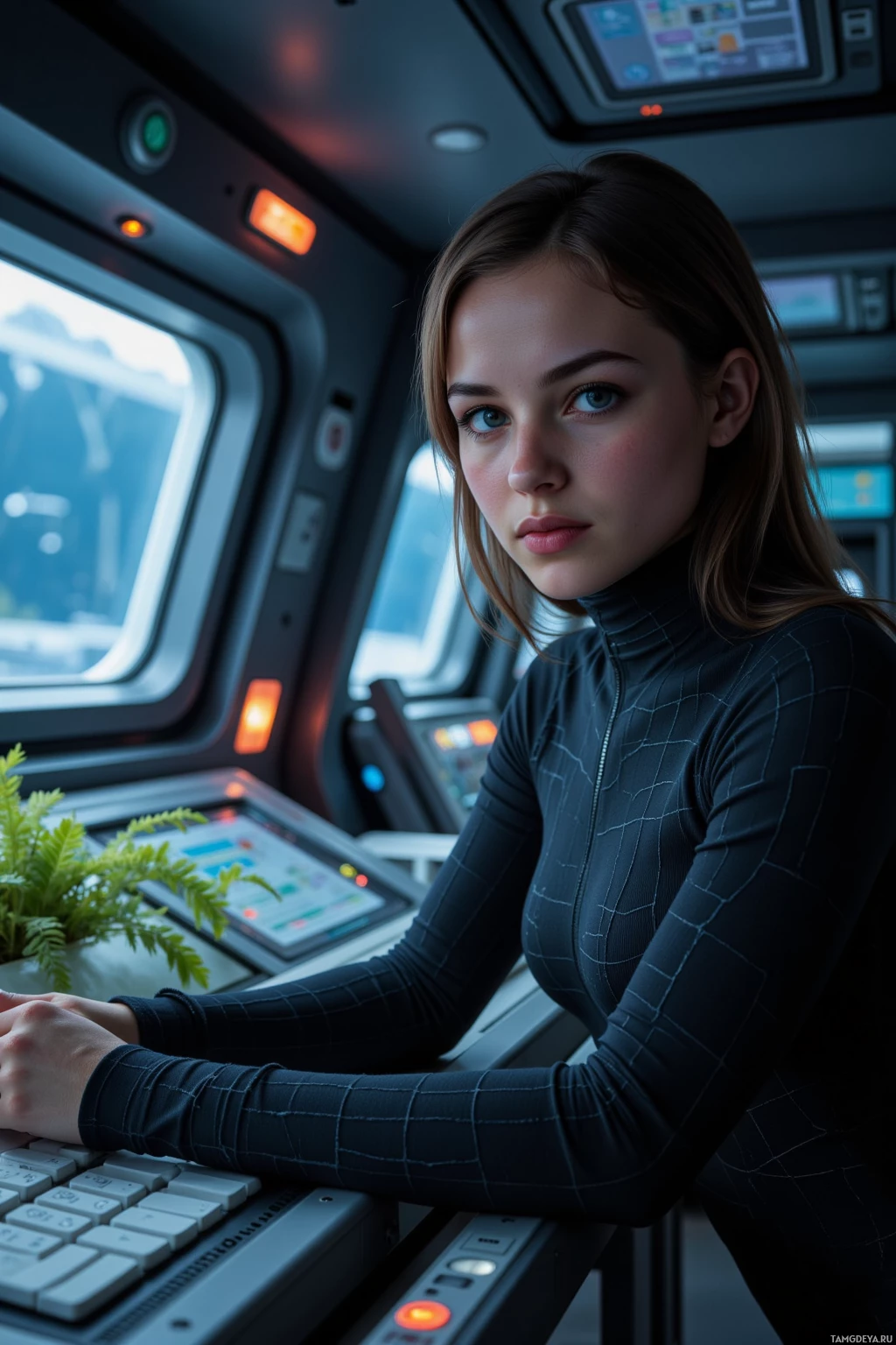 A person in a futuristic setting, wearing a form-fitting suit, leans on a control panel with a potted plant nearby.