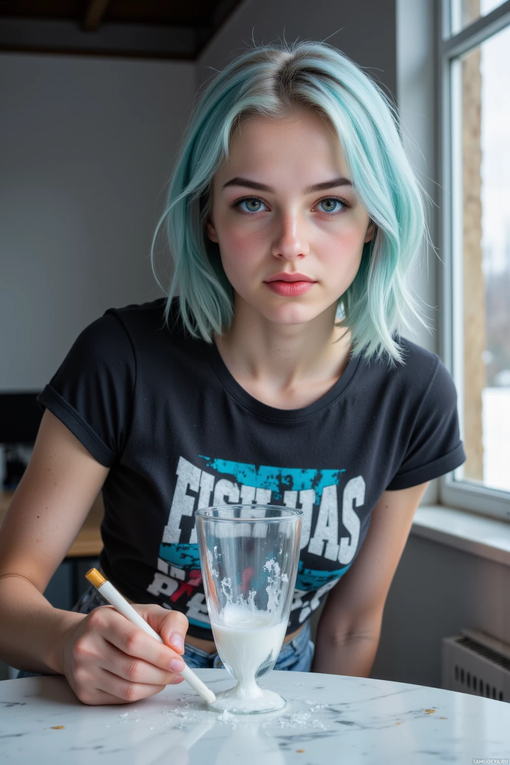 A person with light blue hair sits at a table, holding a cigarette and a glass with a white substance.