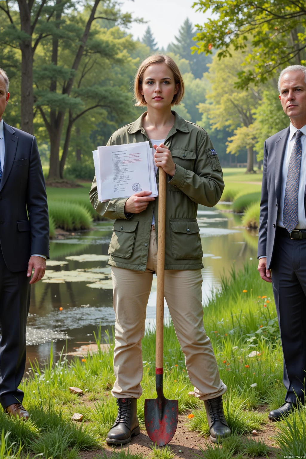 A person in a green jacket and beige pants holds a shovel and documents, standing outdoors near a pond with two formally dressed individuals.
