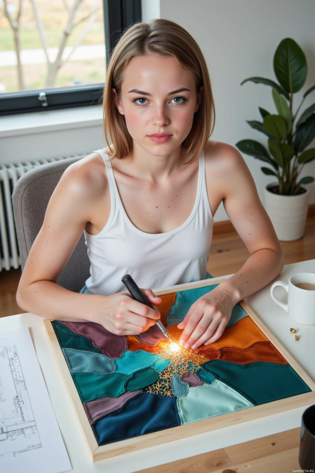 A person is working on a colorful fabric art piece at a table.