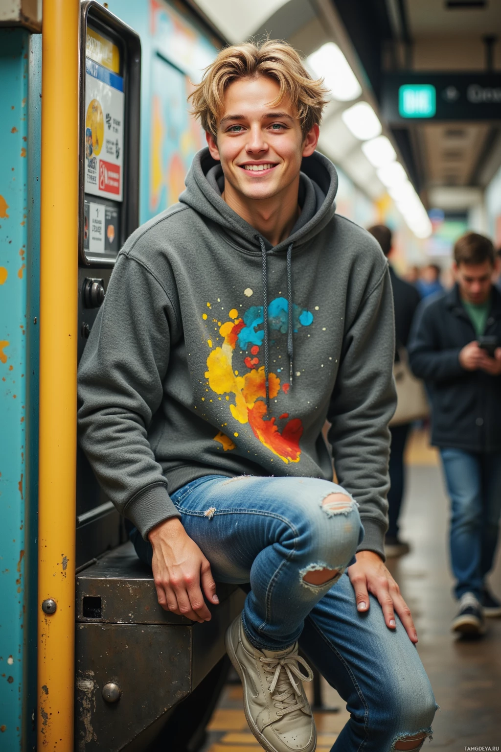 A young man in a gray hoodie with colorful paint splatters and ripped jeans sits on a subway platform.