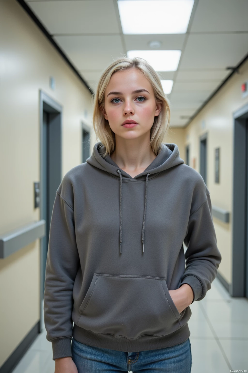 A person wearing a gray hoodie and jeans stands in a hallway.