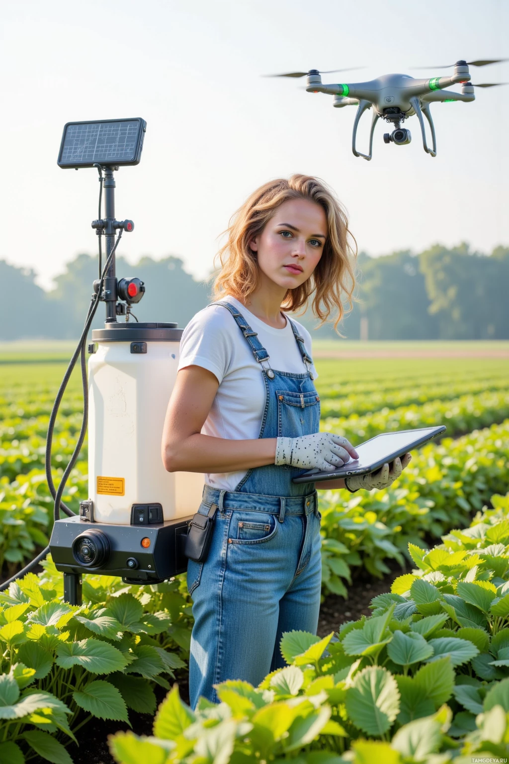 A person stands in a field holding a tablet, with a drone flying overhead and a device mounted on a pole nearby.
