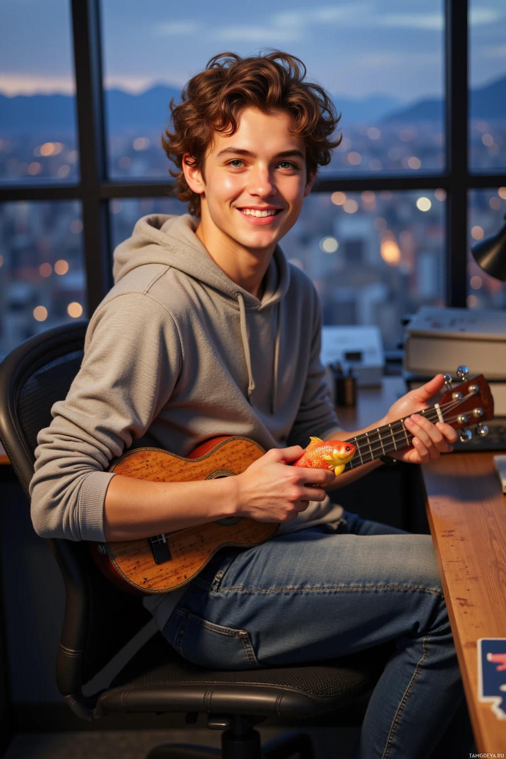 A young person sits in a chair holding a ukulele and a toy fish, with a cityscape visible through the window behind them.