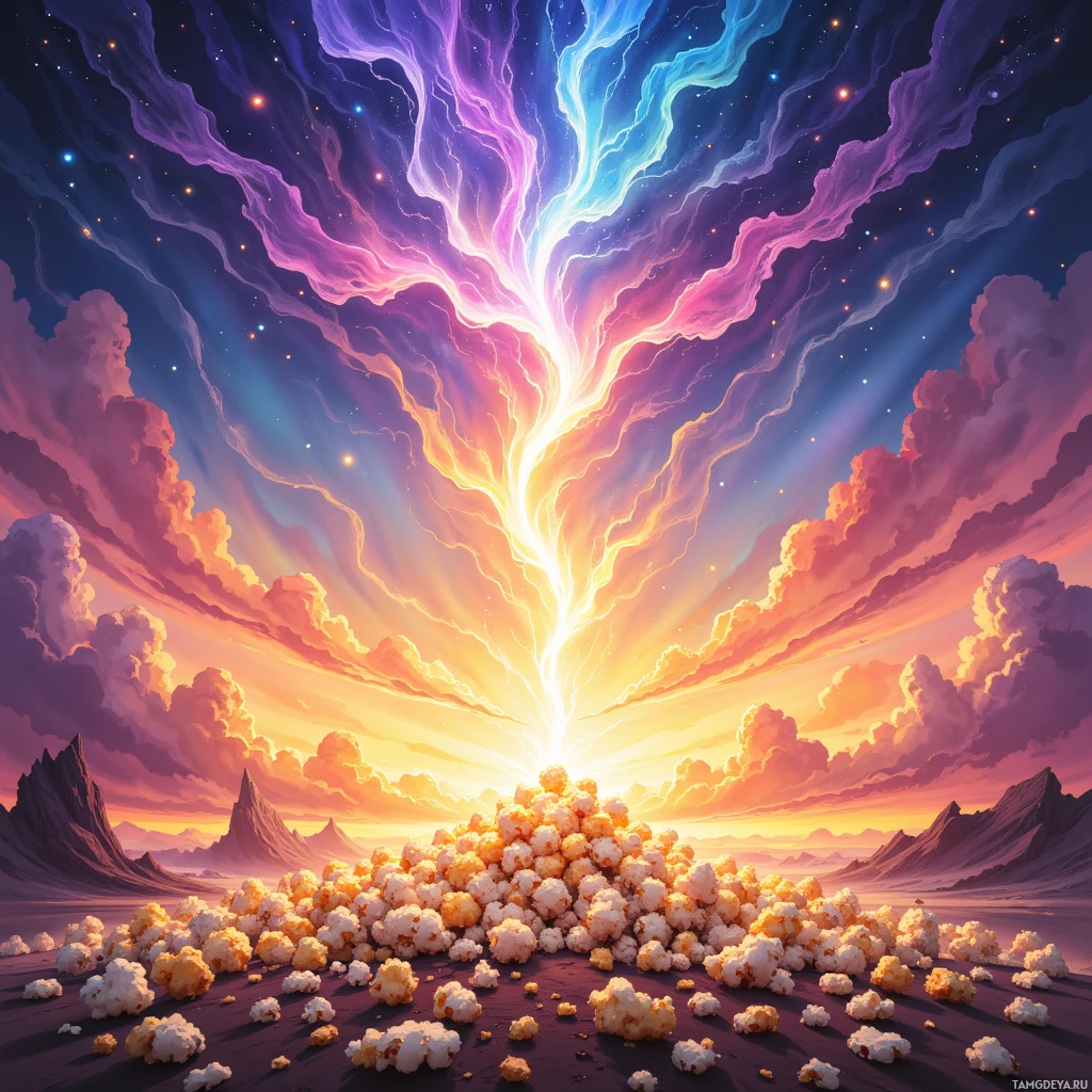 A vibrant, fantastical landscape featuring a glowing, colorful burst of light in the sky, with a mountainous terrain and a ground covered in popcorn-like formations.