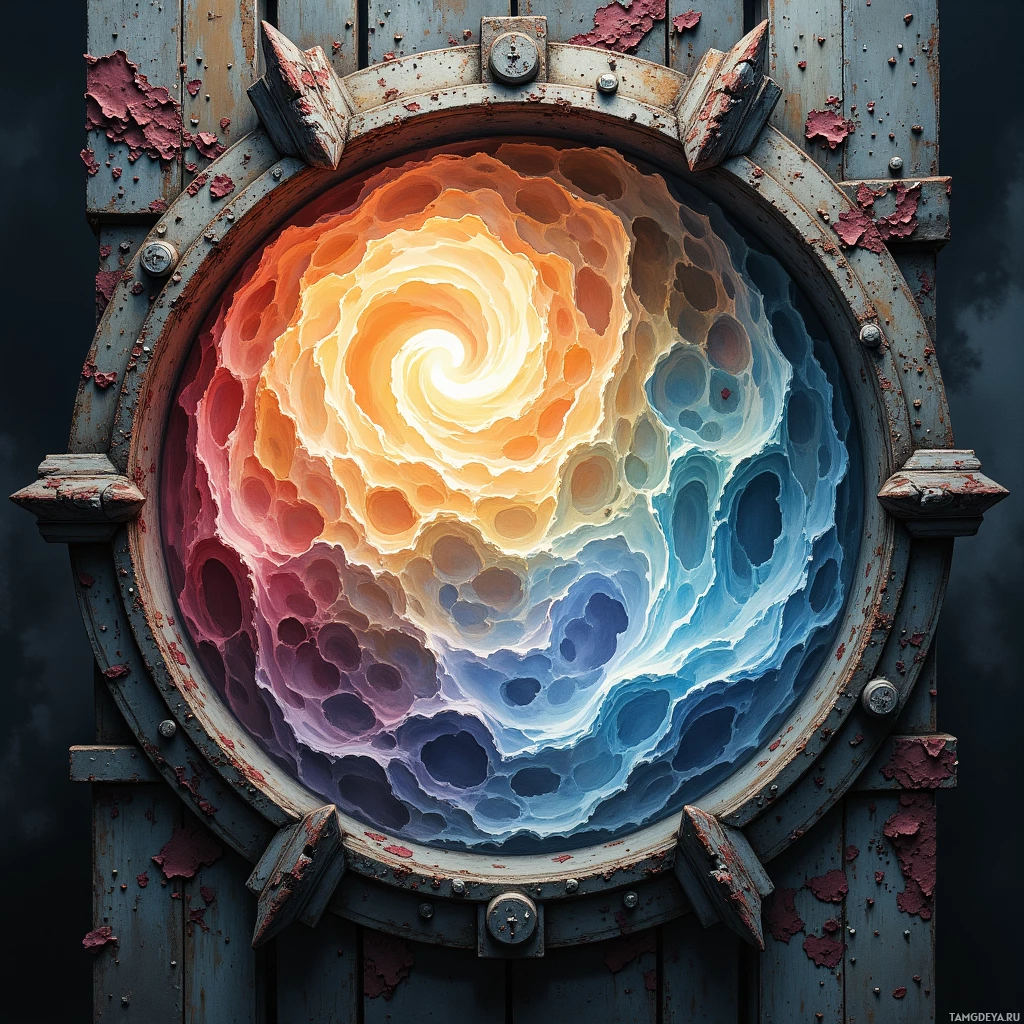 A circular, vibrant, and abstract design with a gradient of colors and a textured, metallic frame.