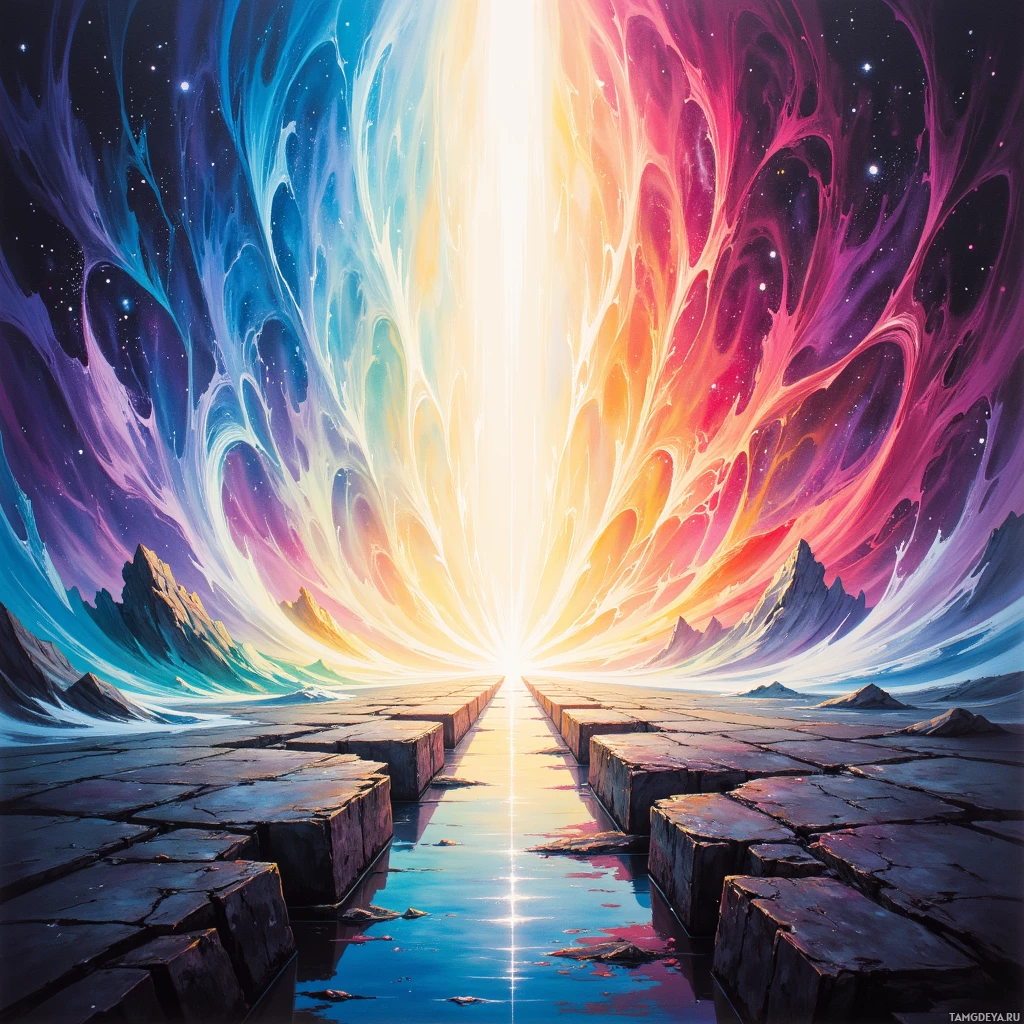 A vibrant cosmic scene with a glowing portal and a path leading towards it.