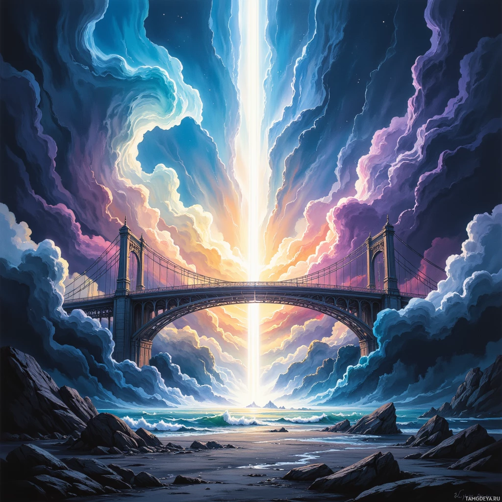 A dramatic sky with a radiant light beam and a bridge spanning over a rocky beach.