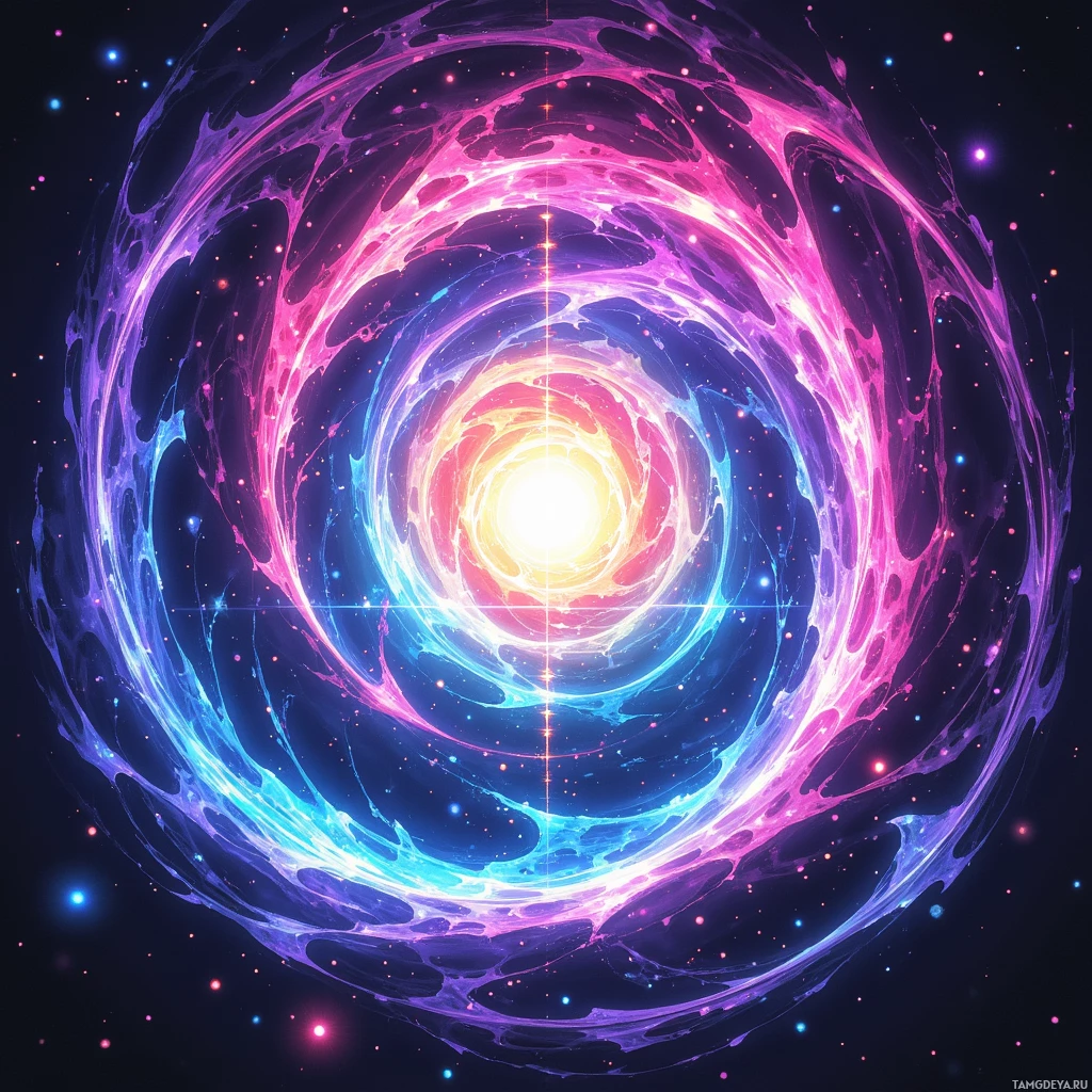 A vibrant, swirling cosmic vortex with glowing pink and blue hues against a dark background.