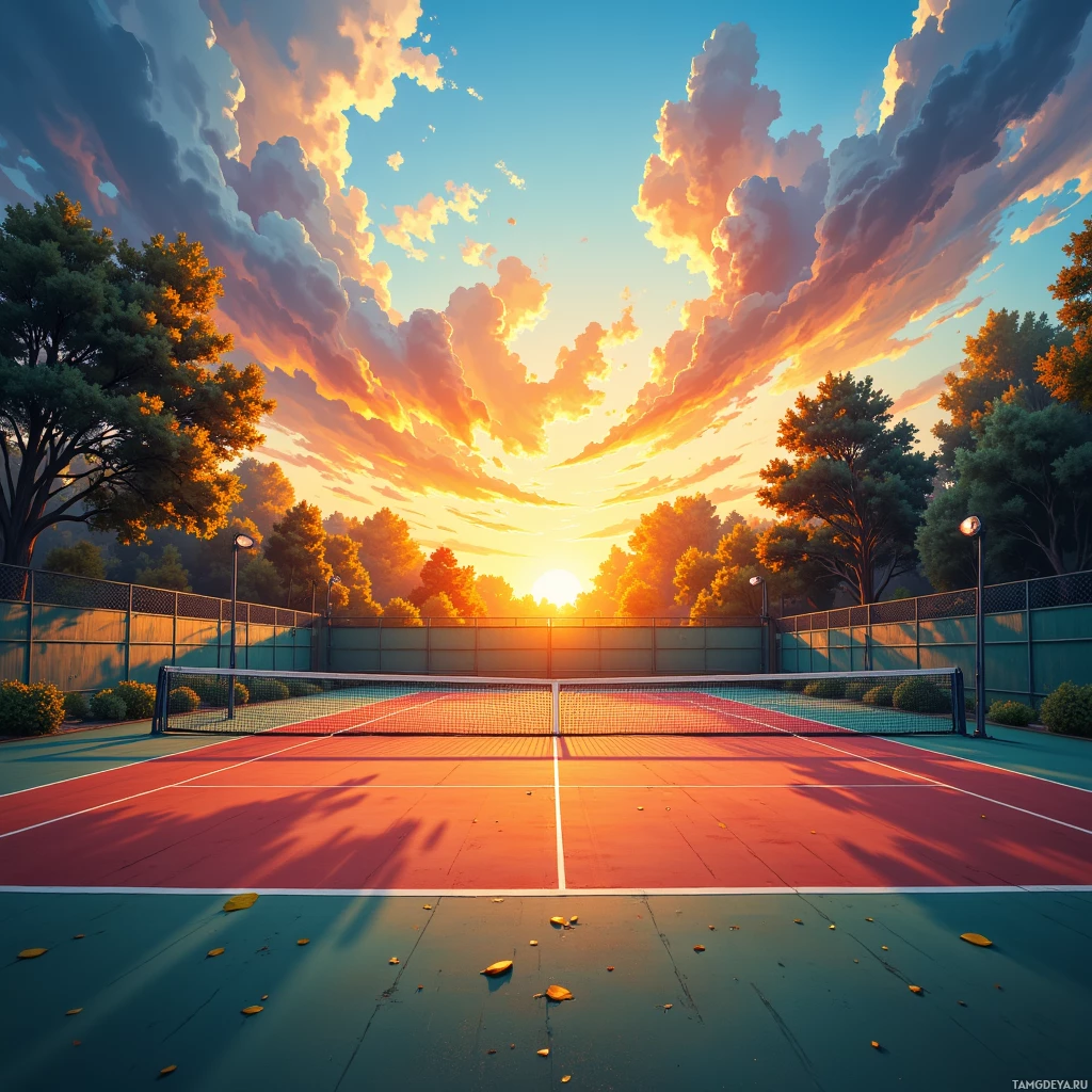 A tennis court at sunset with a vibrant sky and trees in the background.