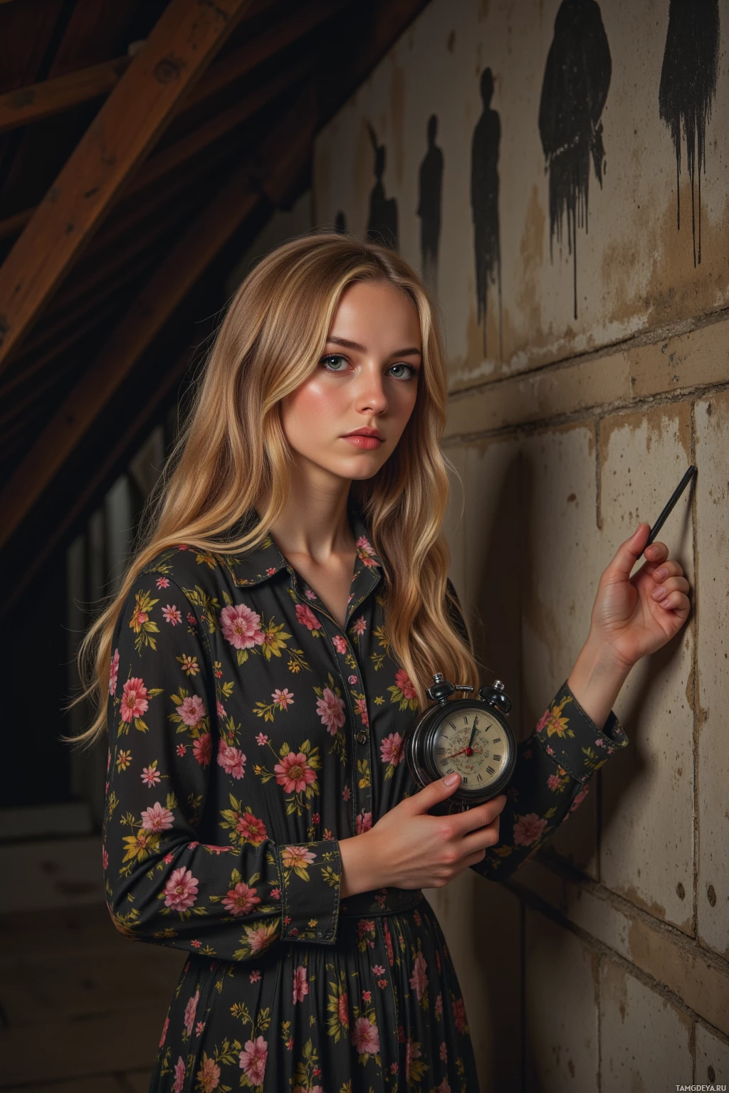 A woman in a floral dress holds a vintage alarm clock, leaning against a wall with silhouettes.