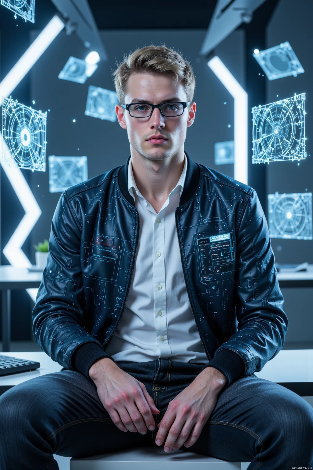 A person in a futuristic setting wearing a jacket with circuit-like patterns sits on a stool.