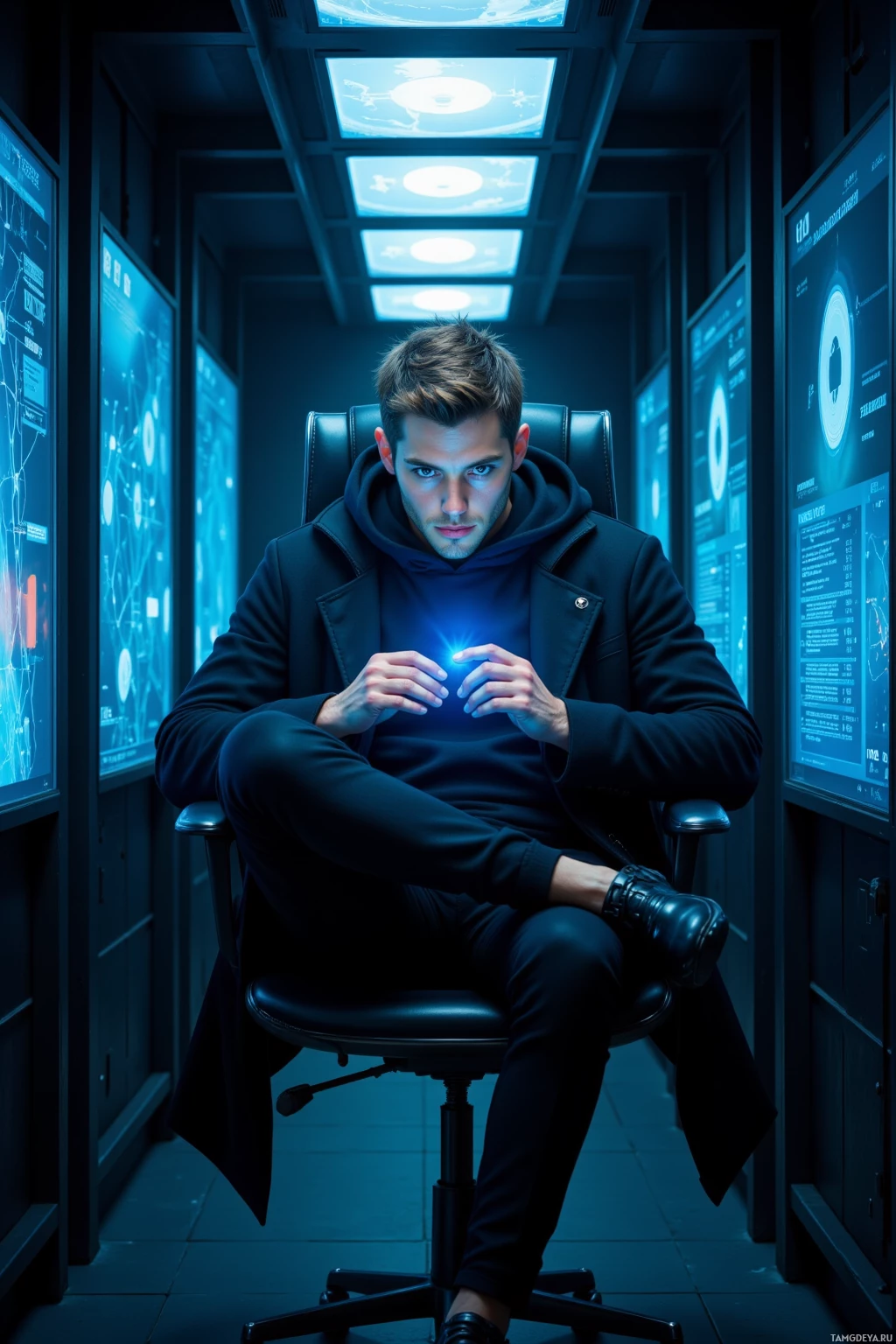 A person sits in a futuristic, dimly lit room with glowing screens displaying data.