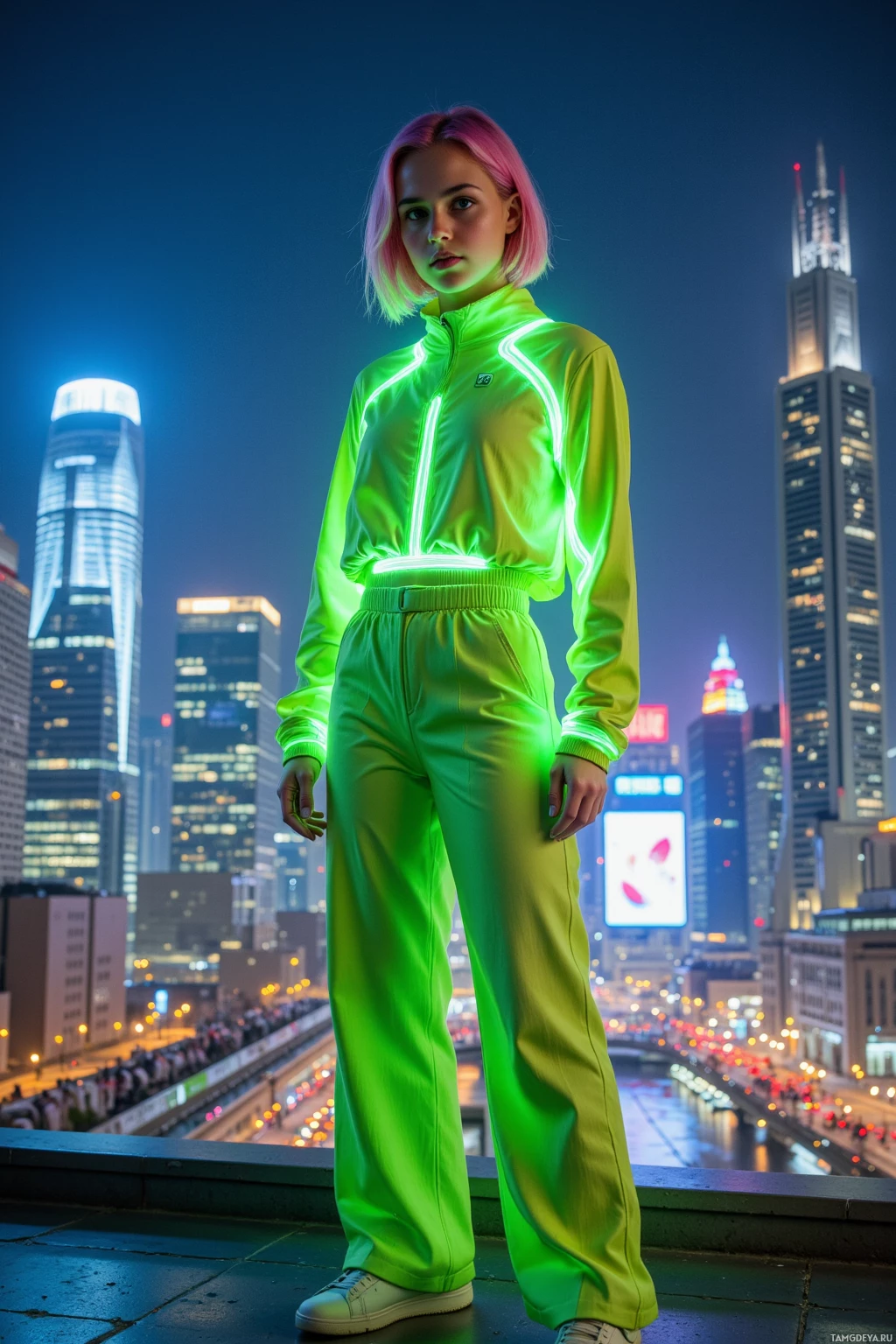 A person in bright neon green tracksuit stands on a rooftop overlooking a cityscape at night.