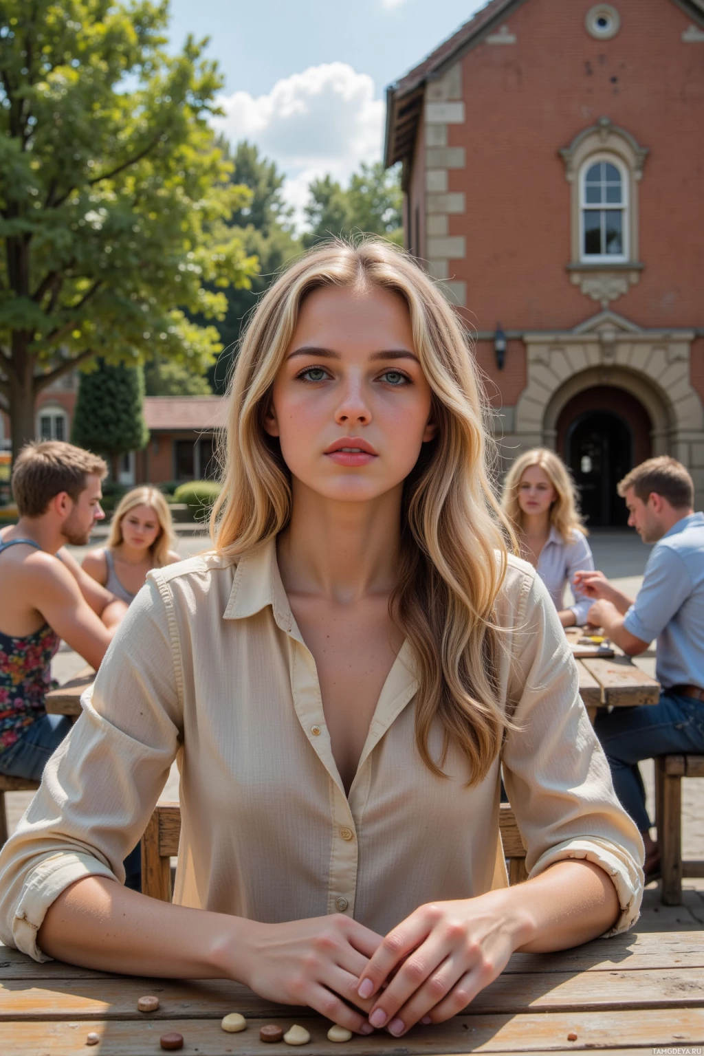 A woman with blonde hair sits at a wooden table outdoors, with others in the background.