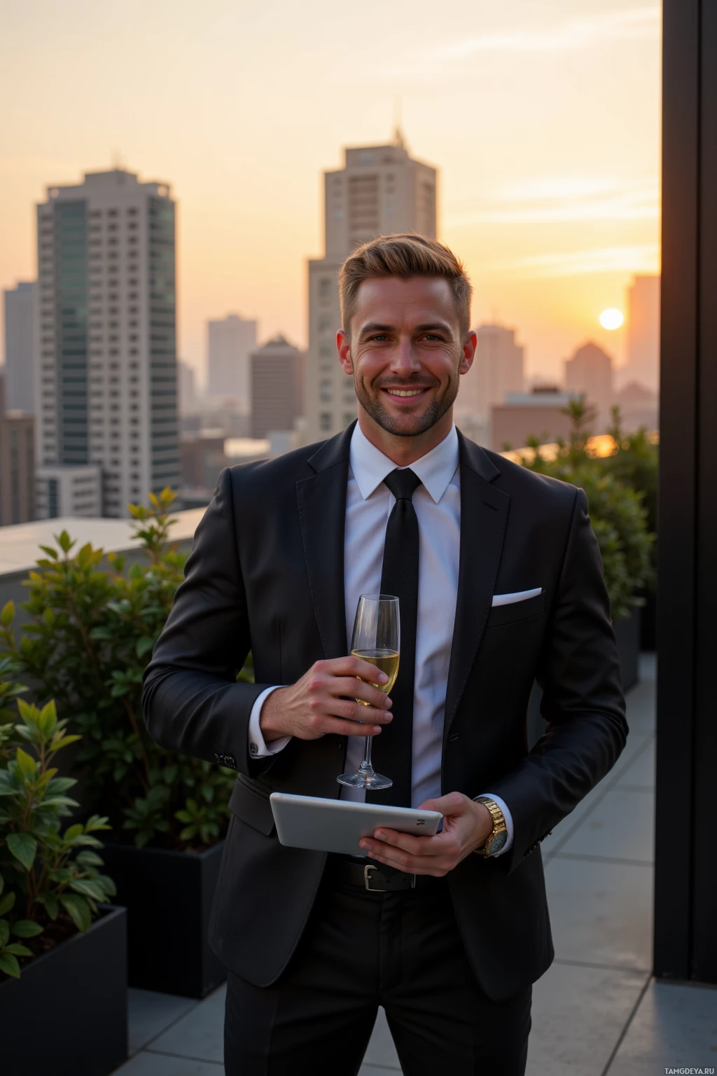 A man in a suit holds a glass of champagne and a tablet, standing on a rooftop with a cityscape in the background.
