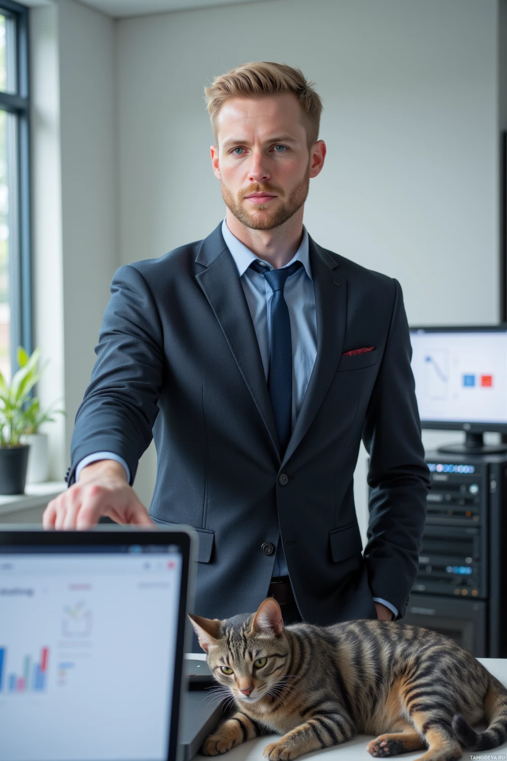A man in a suit stands in an office with a cat on the desk.