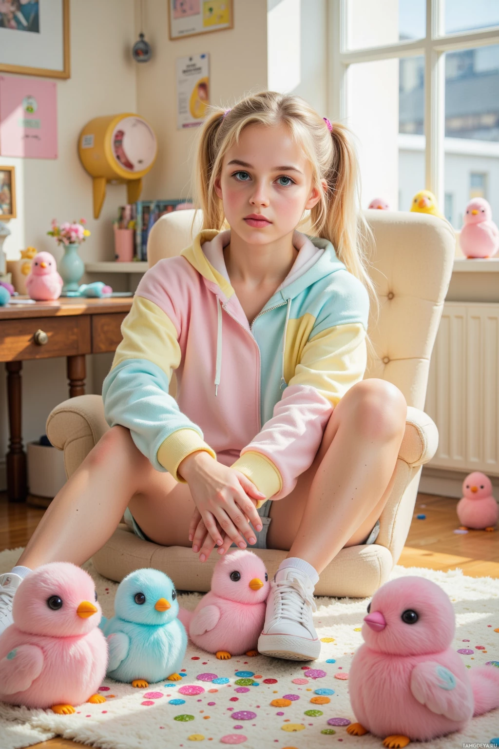 A young girl sits on a chair surrounded by colorful plush toys in a brightly lit room.