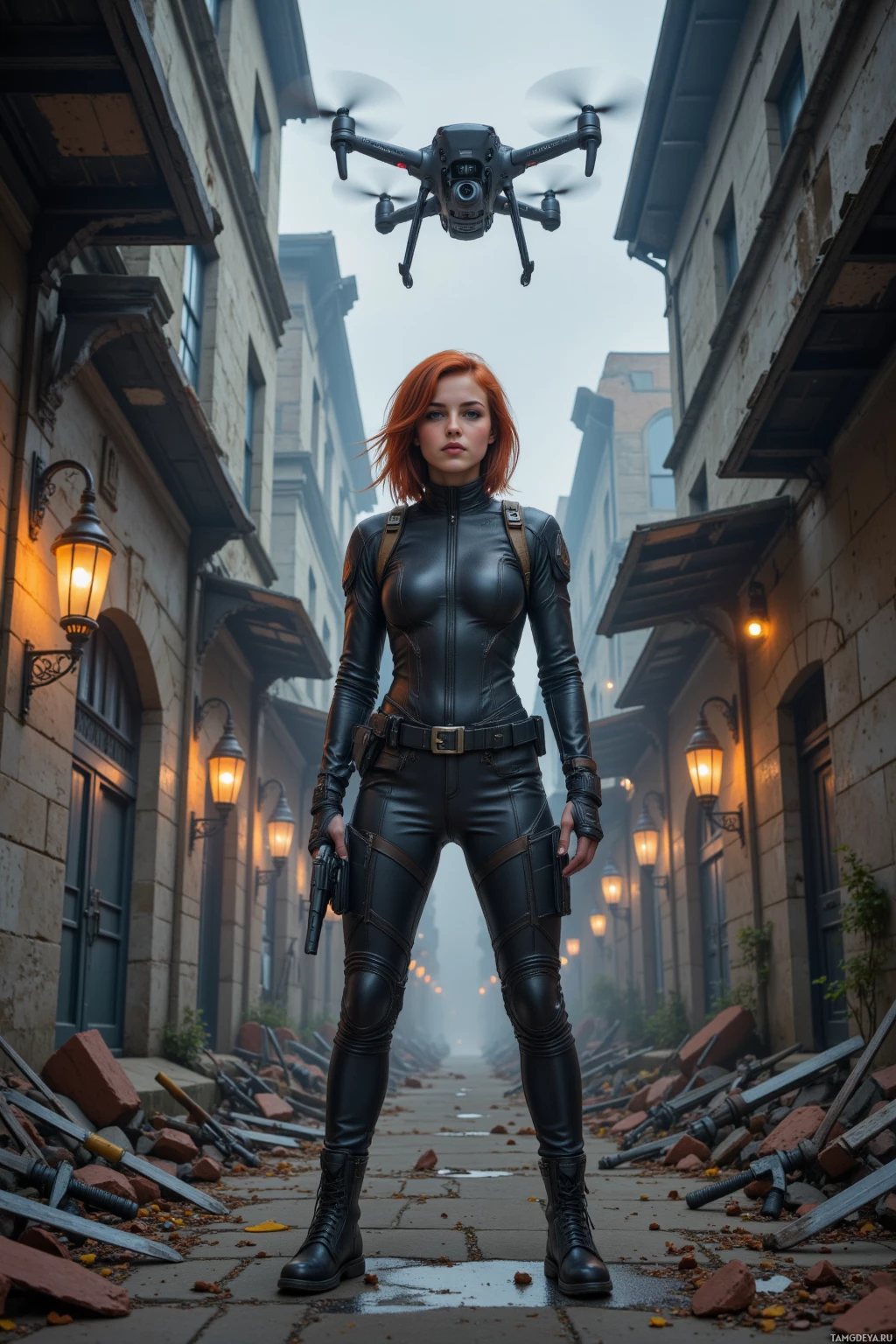 A woman in a leather outfit stands in a narrow alleyway with a drone hovering above her.