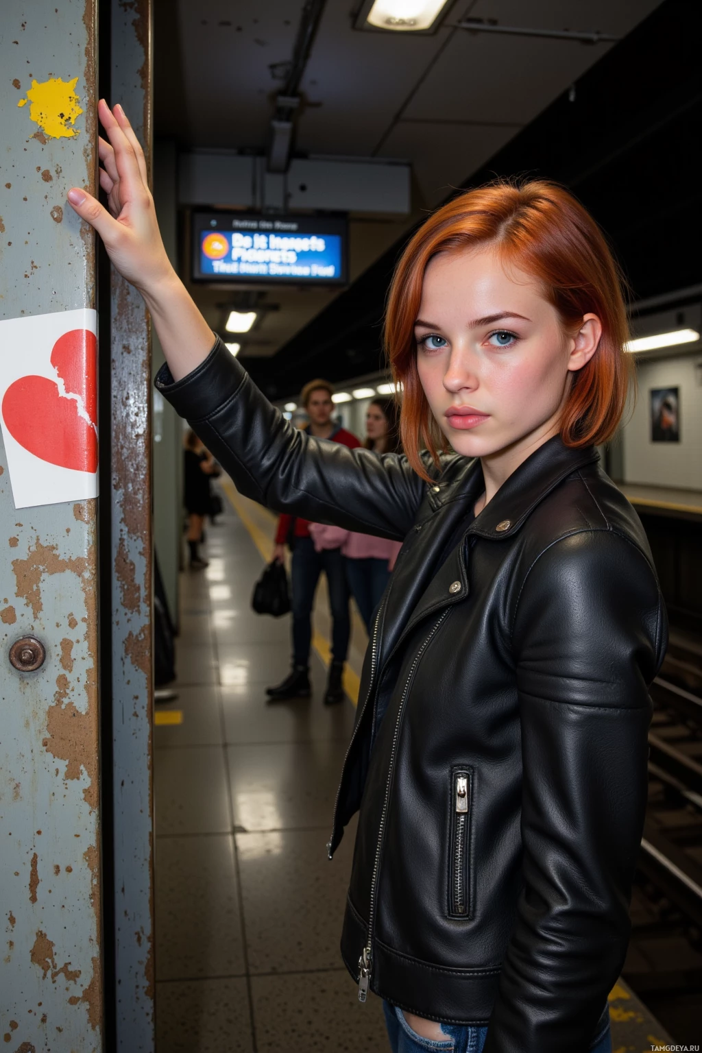 A person in a black leather jacket stands on a subway platform, holding onto a rusty pillar.