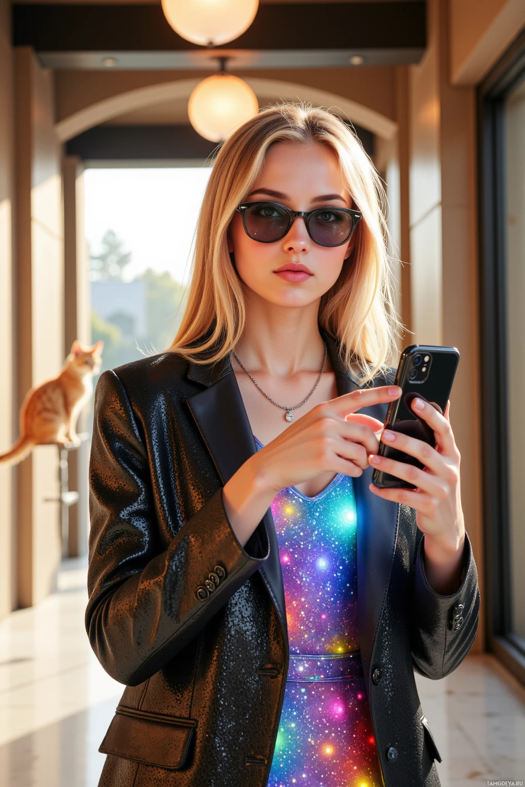 A woman in a black blazer and galaxy-patterned dress is holding a smartphone.