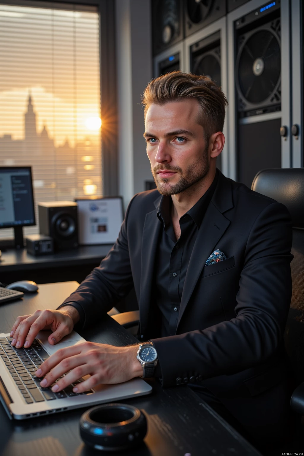 A man in a suit is working at a desk with a laptop, in front of a window with a cityscape view.
