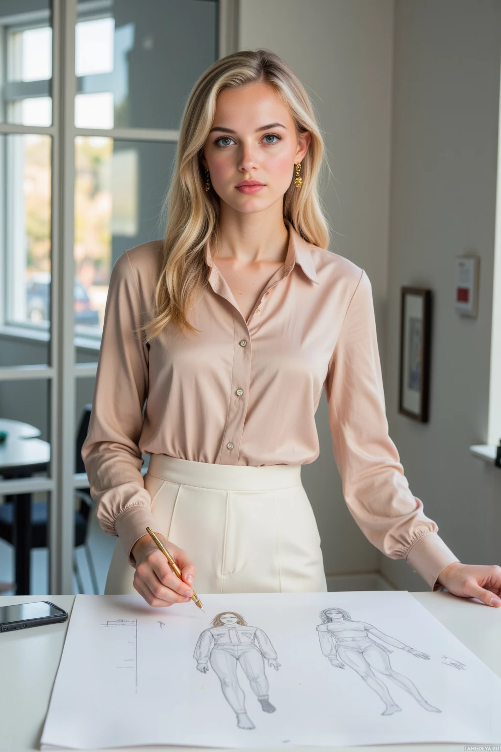 A woman in a professional setting, holding a pen, with fashion sketches on a table.