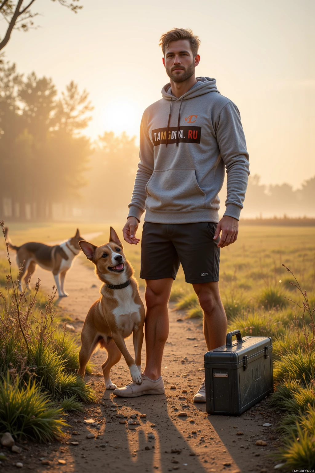 A man stands outdoors with a dog, both in a serene, sunlit setting.