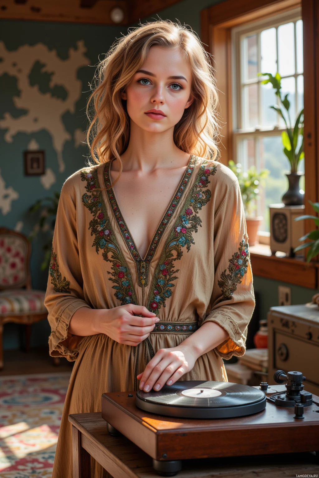 A woman in a beige embroidered dress stands beside a record player in a sunlit room.