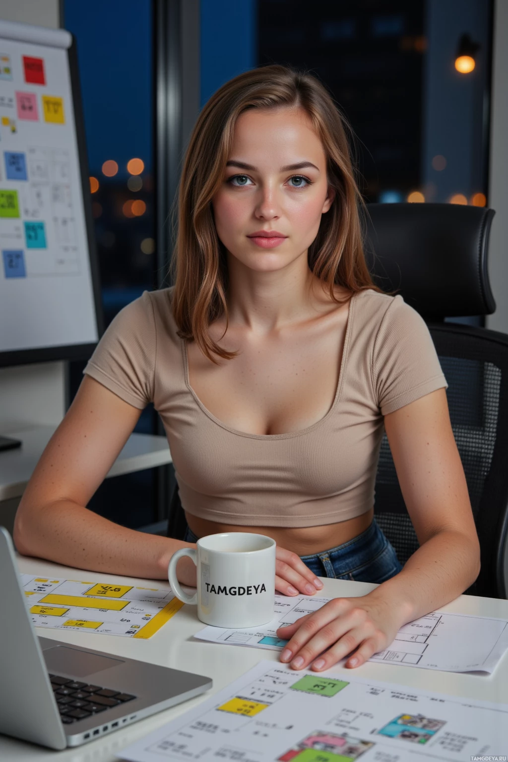 A woman sits at a desk in an office, holding a mug and surrounded by papers and a laptop.